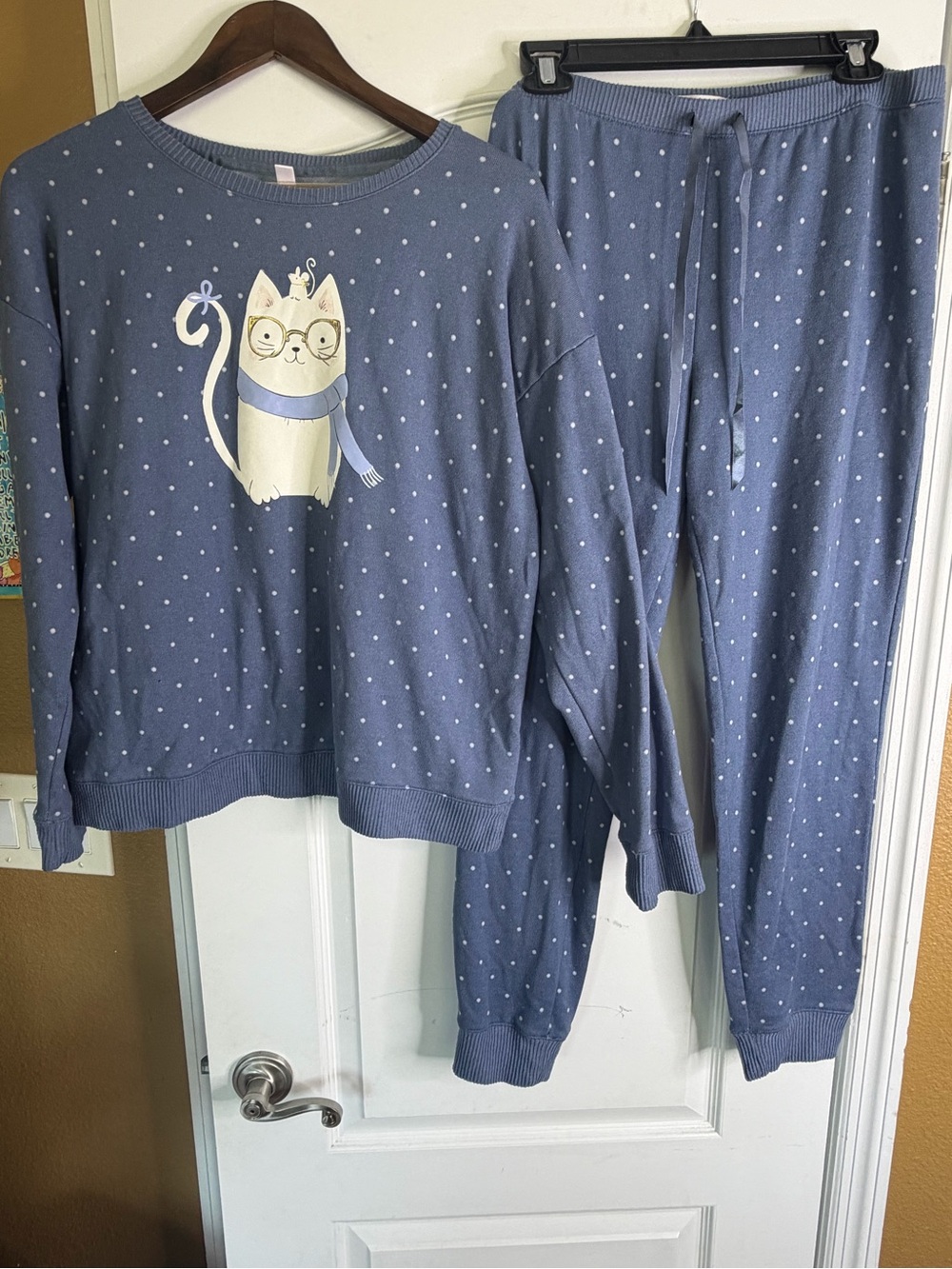 LC Lauren Conrad Blue Cat Polka Dot Kids Pajama Set.Size L